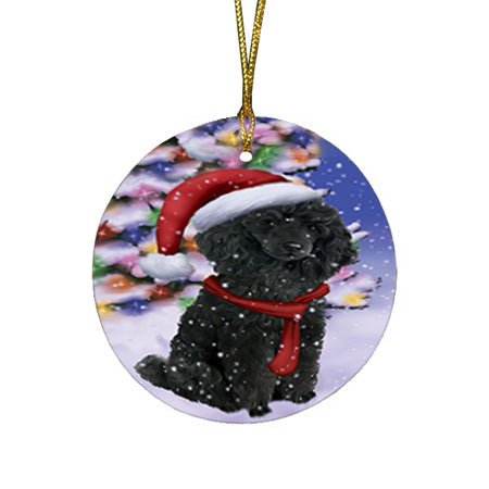 Winterland Wonderland Poodle Dog In Christmas Holiday Scenic Background  Round Flat Christmas Ornament RFPOR53403