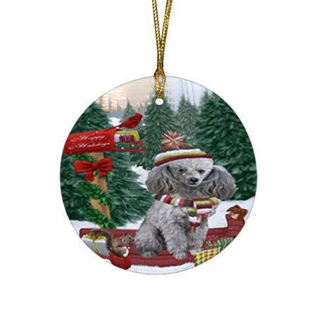 Merry Christmas Woodland Sled Poodle Dog Round Flat Christmas Ornament RFPOR55358
