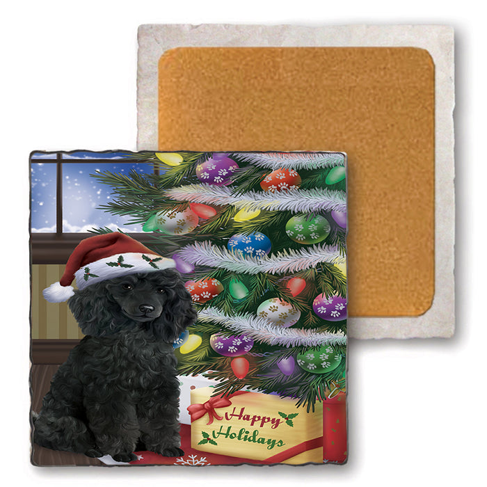 Christmas Happy Holidays Poodle Dog with Tree and Presents Set of 4 Natural Stone Marble Tile Coasters MCST48851