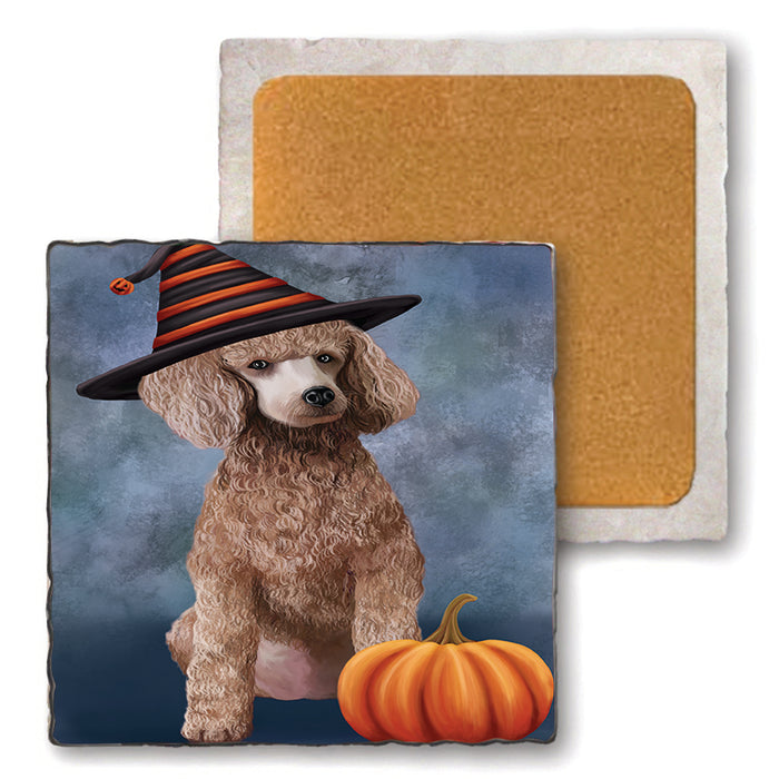 Happy Halloween Poodle Dog Wearing Witch Hat with Pumpkin Set of 4 Natural Stone Marble Tile Coasters MCST49769