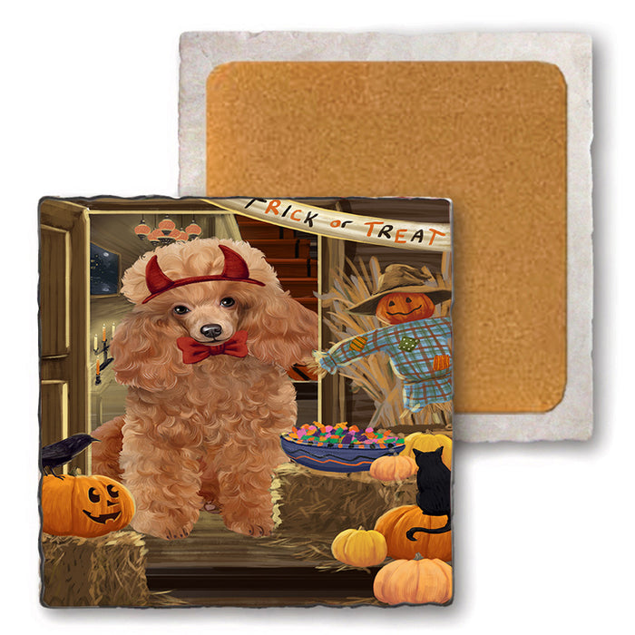 Enter at Own Risk Trick or Treat Halloween Poodle Dog Set of 4 Natural Stone Marble Tile Coasters MCST48227