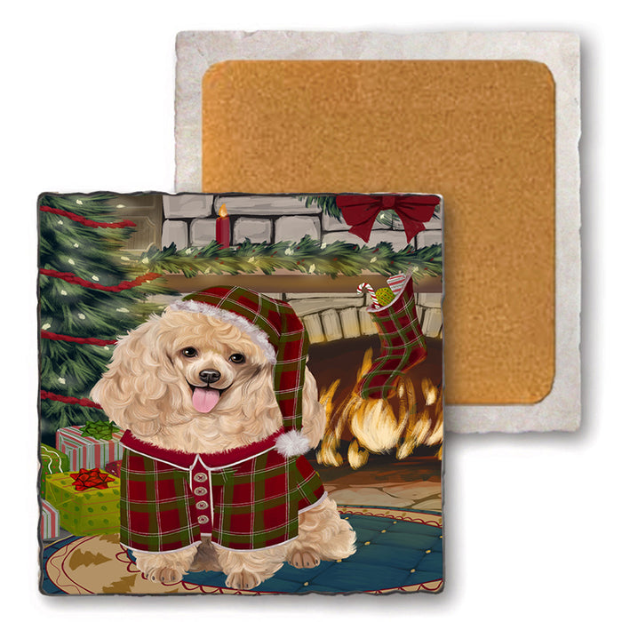 The Stocking was Hung Poodle Dog Set of 4 Natural Stone Marble Tile Coasters MCST50569