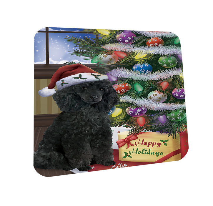 Christmas Happy Holidays Poodle Dog with Tree and Presents Coasters Set of 4 CST53809