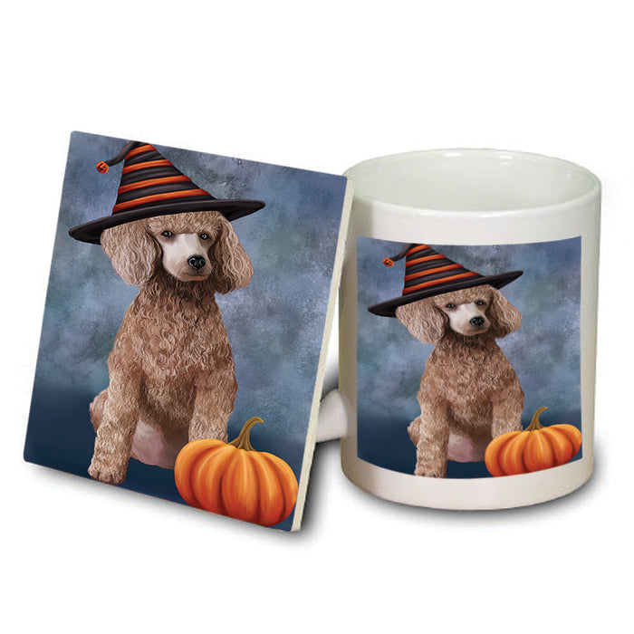 Happy Halloween Poodle Dog Wearing Witch Hat with Pumpkin Mug and Coaster Set MUC54761