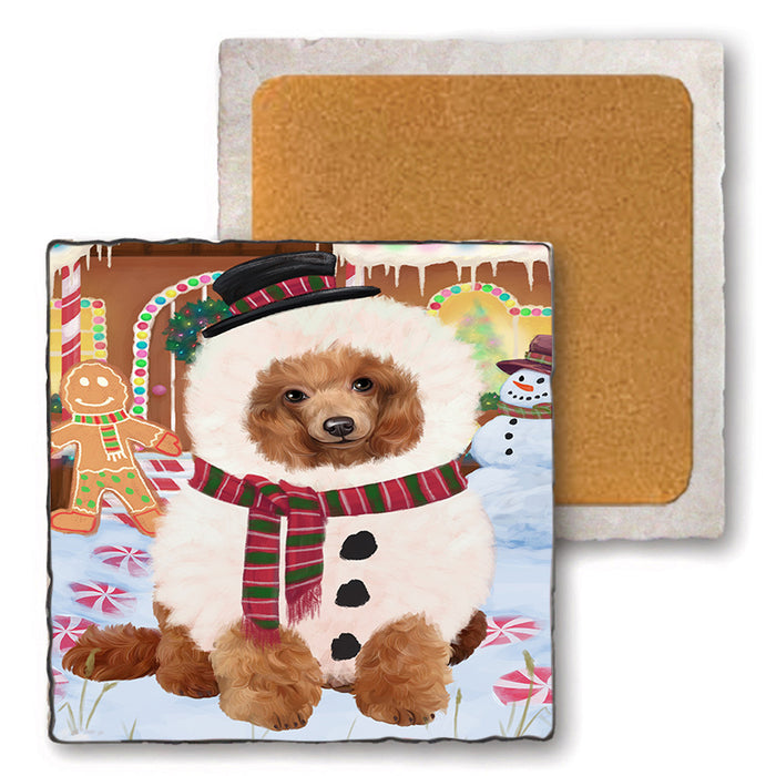 Christmas Gingerbread House Candyfest Poodle Dog Set of 4 Natural Stone Marble Tile Coasters MCST51485