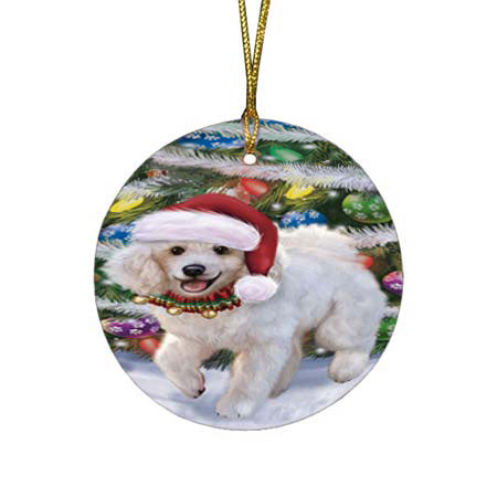 Trotting in the Snow Poodle Dog Round Flat Christmas Ornament RFPOR55811