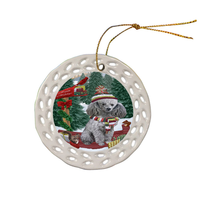 Merry Christmas Woodland Sled Poodle Dog Ceramic Doily Ornament DPOR55358