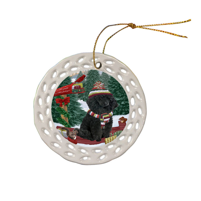 Merry Christmas Woodland Sled Poodle Dog Ceramic Doily Ornament DPOR55359