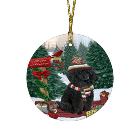 Merry Christmas Woodland Sled Poodle Dog Round Flat Christmas Ornament RFPOR55359