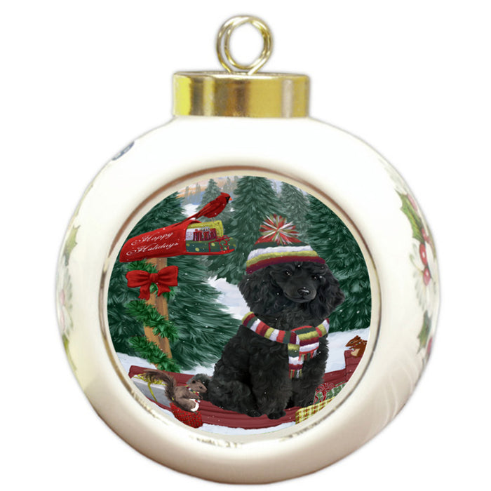 Merry Christmas Woodland Sled Poodle Dog Round Ball Christmas Ornament RBPOR55359