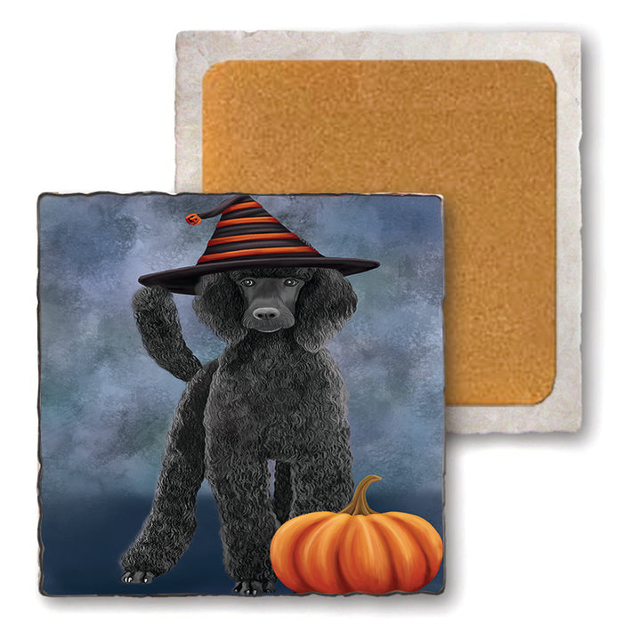 Happy Halloween Poodle Dog Wearing Witch Hat with Pumpkin Set of 4 Natural Stone Marble Tile Coasters MCST49770