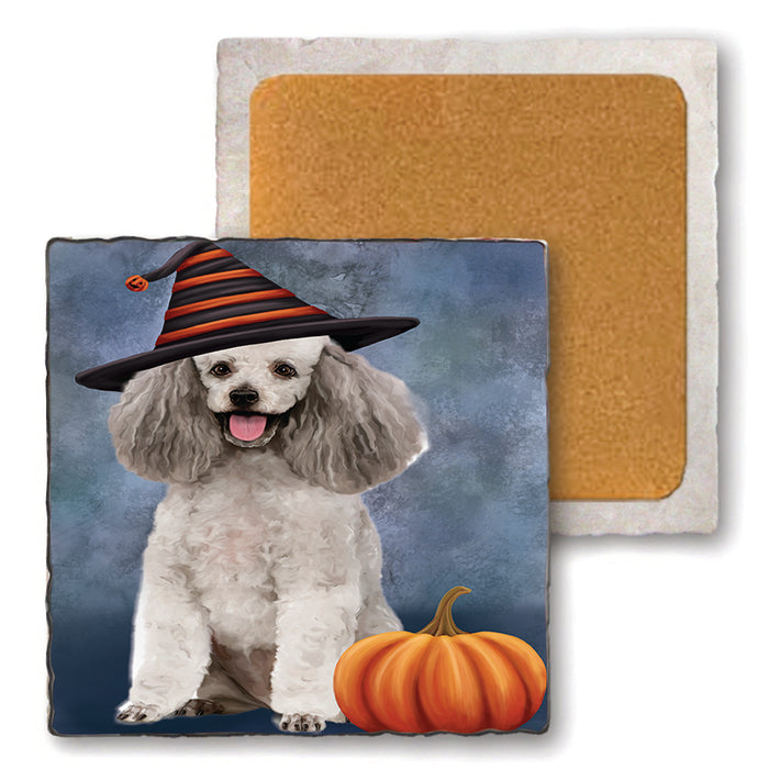 Happy Halloween Poodle Dog Wearing Witch Hat with Pumpkin Set of 4 Natural Stone Marble Tile Coasters MCST49772