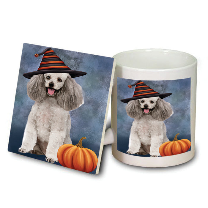 Happy Halloween Poodle Dog Wearing Witch Hat with Pumpkin Mug and Coaster Set MUC54764