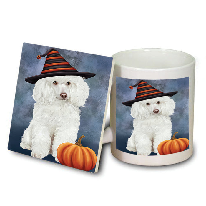 Happy Halloween Poodle Dog Wearing Witch Hat with Pumpkin Mug and Coaster Set MUC54765