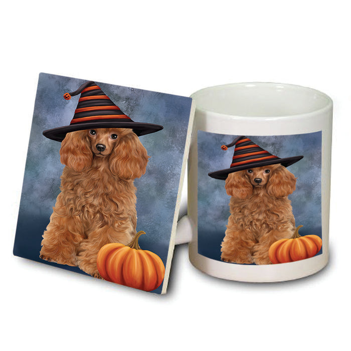 Happy Halloween Poodle Dog Wearing Witch Hat with Pumpkin Mug and Coaster Set MUC54766