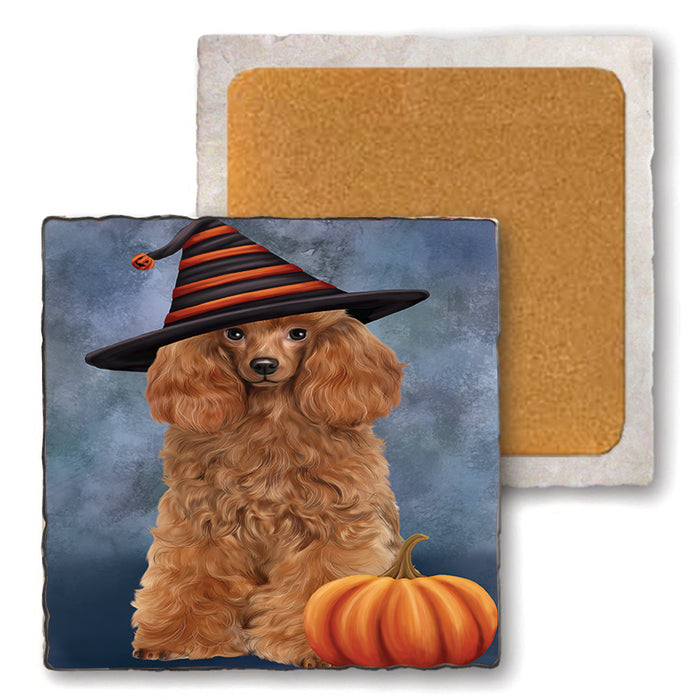Happy Halloween Poodle Dog Wearing Witch Hat with Pumpkin Set of 4 Natural Stone Marble Tile Coasters MCST49774