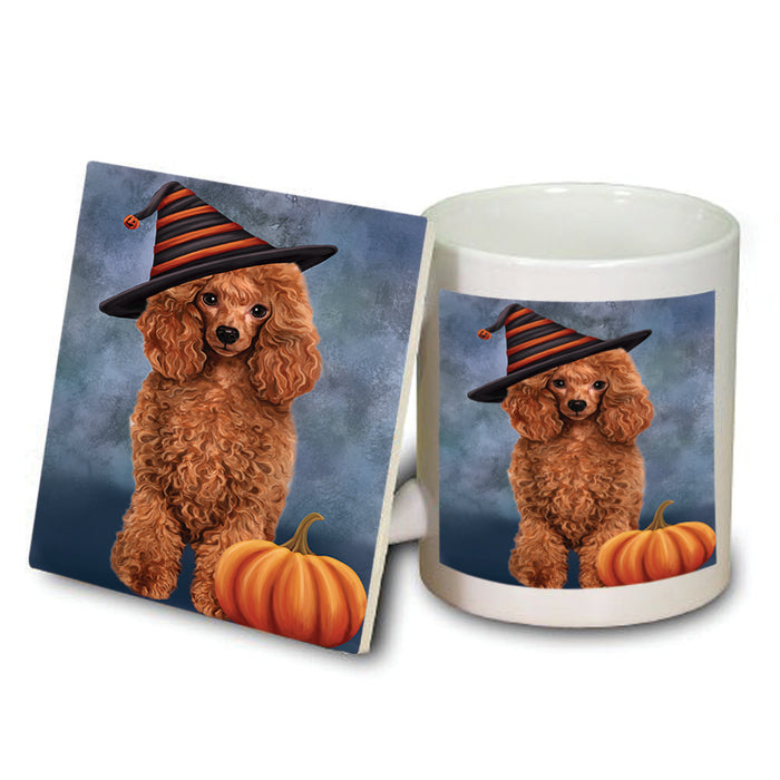 Happy Halloween Poodle Dog Wearing Witch Hat with Pumpkin Mug and Coaster Set MUC54784