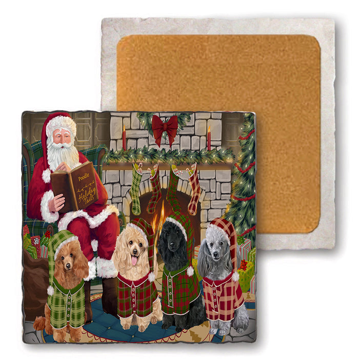 Christmas Cozy Holiday Tails Poodles Dog Set of 4 Natural Stone Marble Tile Coasters MCST50377