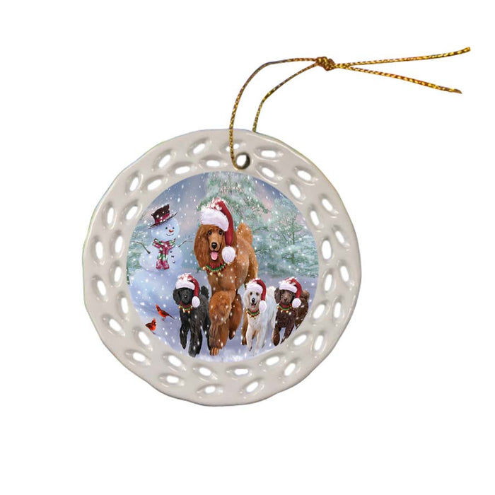 Christmas Running Family Poodles Dog Ceramic Doily Ornament DPOR55828