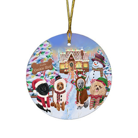Holiday Gingerbread Cookie Shop Poodles Dog Round Flat Christmas Ornament RFPOR56867
