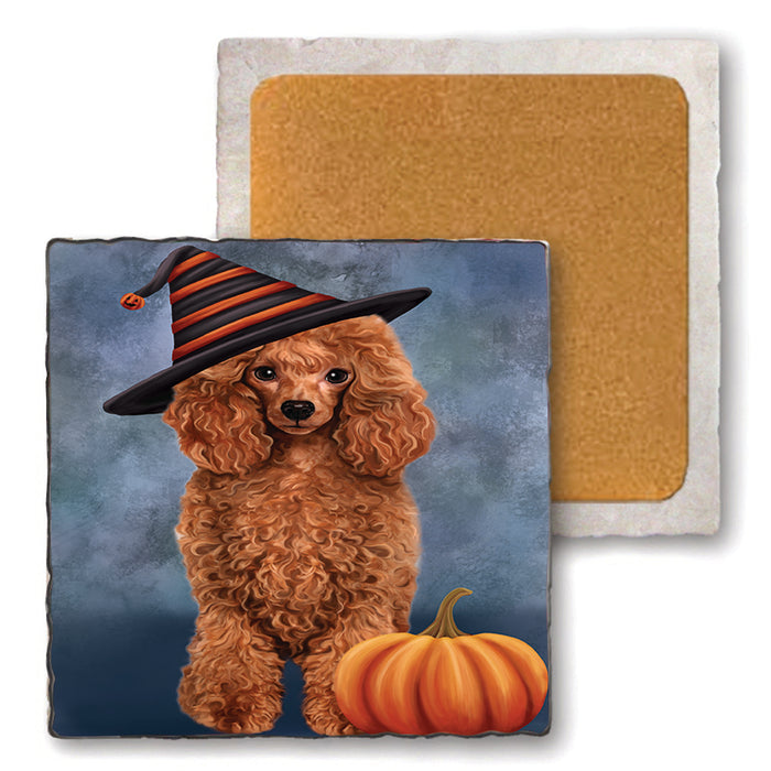 Happy Halloween Poodle Dog Wearing Witch Hat with Pumpkin Set of 4 Natural Stone Marble Tile Coasters MCST49792