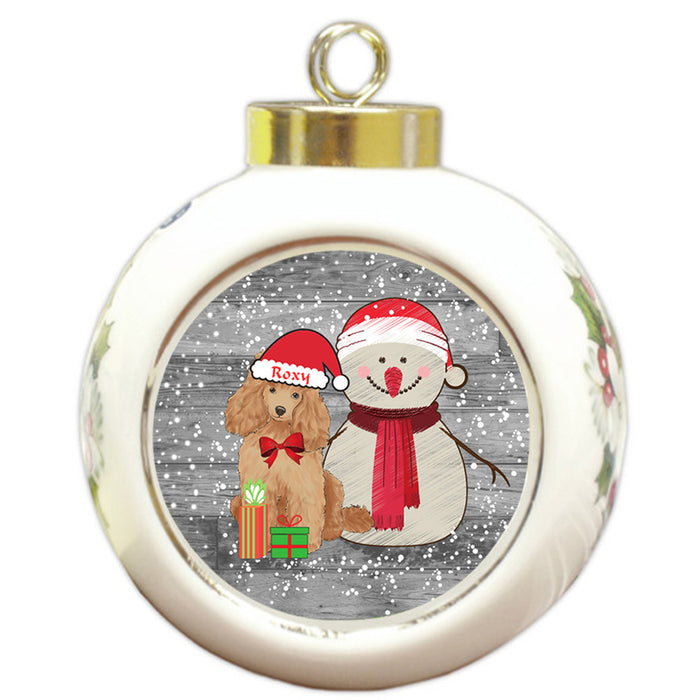 Custom Personalized Snowy Snowman and Poodle Dog Christmas Round Ball Ornament