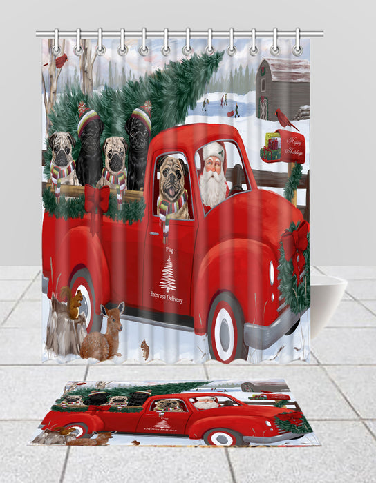 Christmas Santa Express Delivery Red Truck Pug Dogs Bath Mat and Shower Curtain Combo
