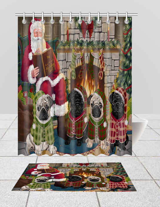Christmas Cozy Holiday Fire Tails Pug Dogs Bath Mat and Shower Curtain Combo