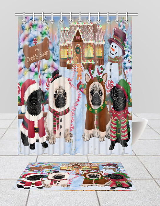 Holiday Gingerbread Cookie Pug Dogs  Bath Mat and Shower Curtain Combo
