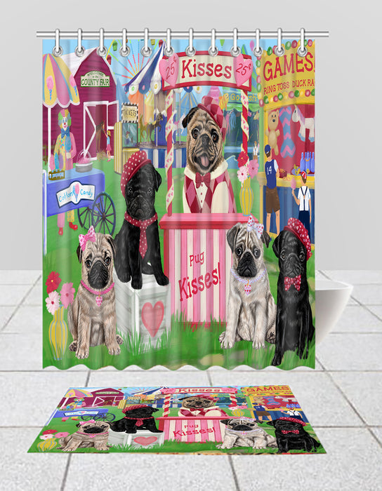 Carnival Kissing Booth Pug Dogs  Bath Mat and Shower Curtain Combo