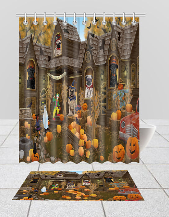 Haunted House Halloween Trick or Treat Pug Dogs  Bath Mat and Shower Curtain Combo