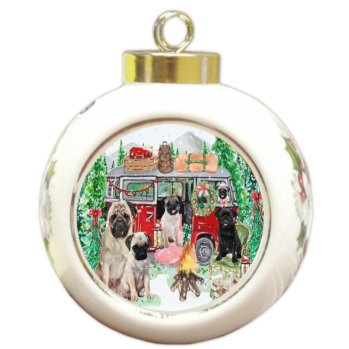 Christmas Time Camping with Pug Dogs Round Ball Christmas Ornament Pet Decorative Hanging Ornaments for Christmas X-mas Tree Decorations - 3" Round Ceramic Ornament