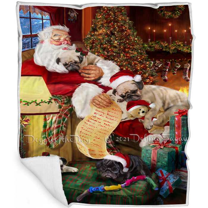 Pug Dog and Puppies Sleeping with Santa Blanket