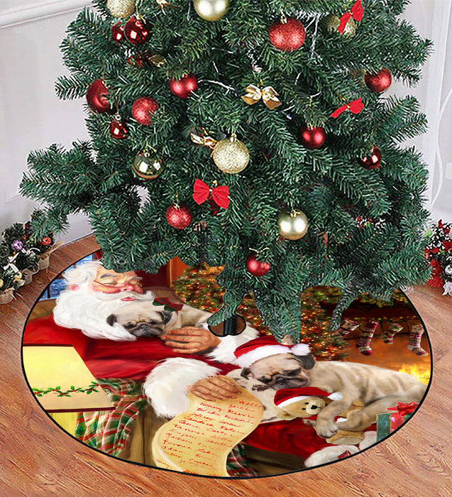 Santa Sleeping with Pug Dogs Christmas Tree Skirt