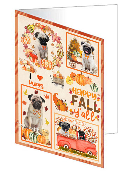 Happy Fall Y'all Pumpkin Pug Dogs Handmade Artwork Assorted Pets Greeting Cards and Note Cards with Envelopes for All Occasions and Holiday Seasons GCD77087