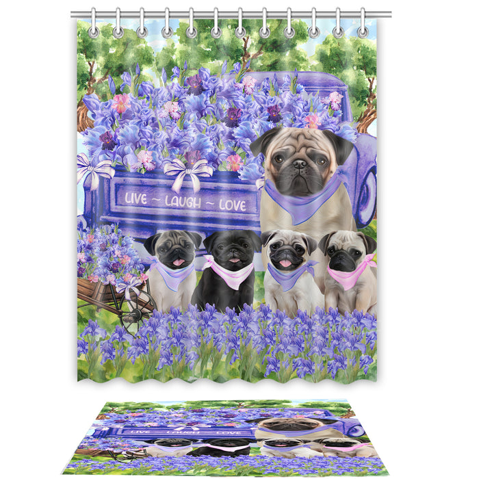 Pug Shower Curtain & Bath Mat Set - Explore a Variety of Personalized Designs - Custom Rug and Curtains with hooks for Bathroom Decor - Pet and Dog Lovers Gift