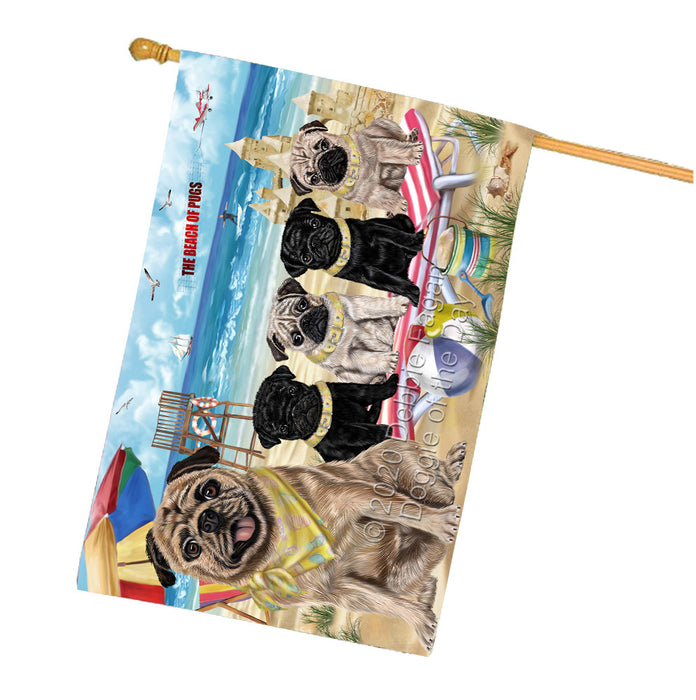 Pet Friendly Beach Pug Dogs House Flag Outdoor Decorative Double Sided Pet Portrait Weather Resistant Premium Quality Animal Printed Home Decorative Flags 100% Polyester