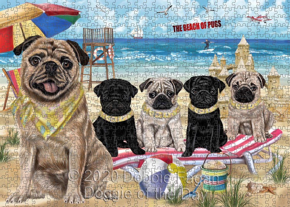 Pet Friendly Beach Pug Dogs Portrait Jigsaw Puzzle for Adults Animal Interlocking Puzzle Game Unique Gift for Dog Lover's with Metal Tin Box