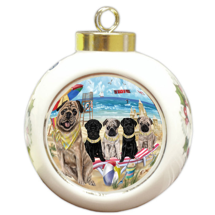 Pet Friendly Beach Pug Dogs Round Ball Christmas Ornament Pet Decorative Hanging Ornaments for Christmas X-mas Tree Decorations - 3" Round Ceramic Ornament