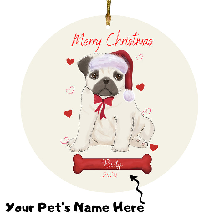 Personalized Merry Christmas  Pug Dog Christmas Tree Round Flat Ornament RBPOR58993