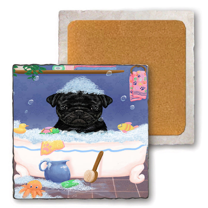 Rub A Dub Dog In A Tub Pug Dog Set of 4 Natural Stone Marble Tile Coasters MCST52423