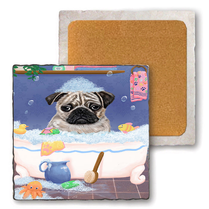 Rub A Dub Dog In A Tub Pug Dog Set of 4 Natural Stone Marble Tile Coasters MCST52424