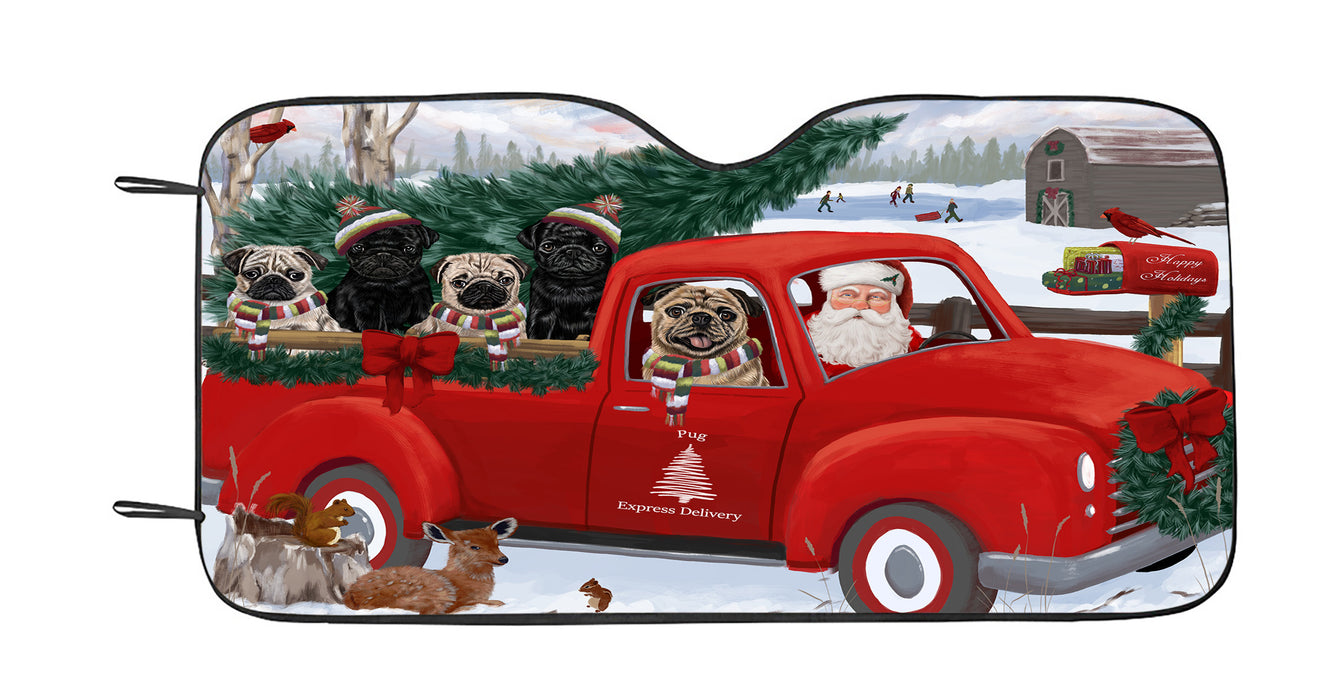 Christmas Santa Express Delivery Red Truck Pug Dogs Car Sun Shade