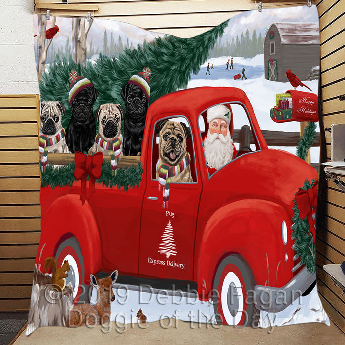 Christmas Santa Express Delivery Red Truck Pug Dogs Quilt