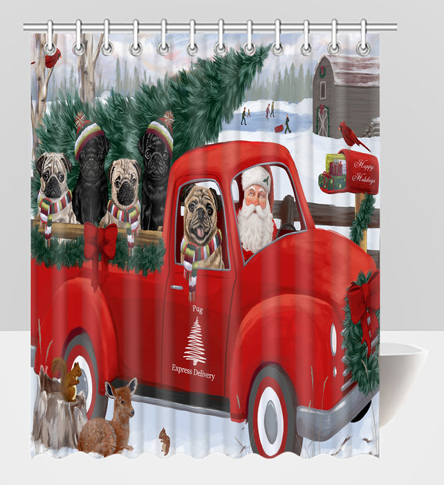 Christmas Santa Express Delivery Red Truck Pug Dogs Shower Curtain