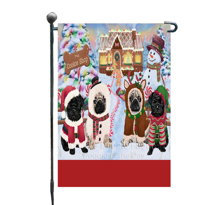 Personalized Holiday Gingerbread Cookie Shop Pug Dogs Custom Garden Flags GFLG-DOTD-A59227