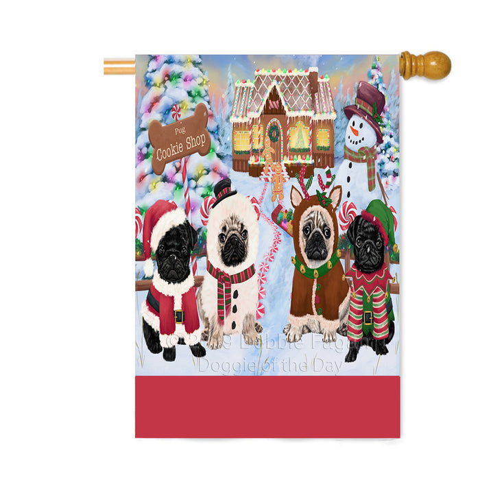 Personalized Holiday Gingerbread Cookie Shop Pug Dogs Custom House Flag FLG-DOTD-A59283