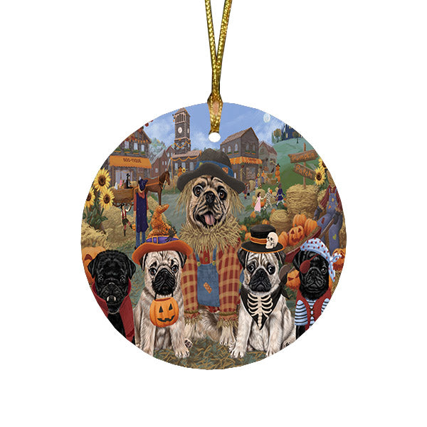 Halloween 'Round Town And Fall Pumpkin Scarecrow Both Pug Dogs Round Flat Christmas Ornament RFPOR57596