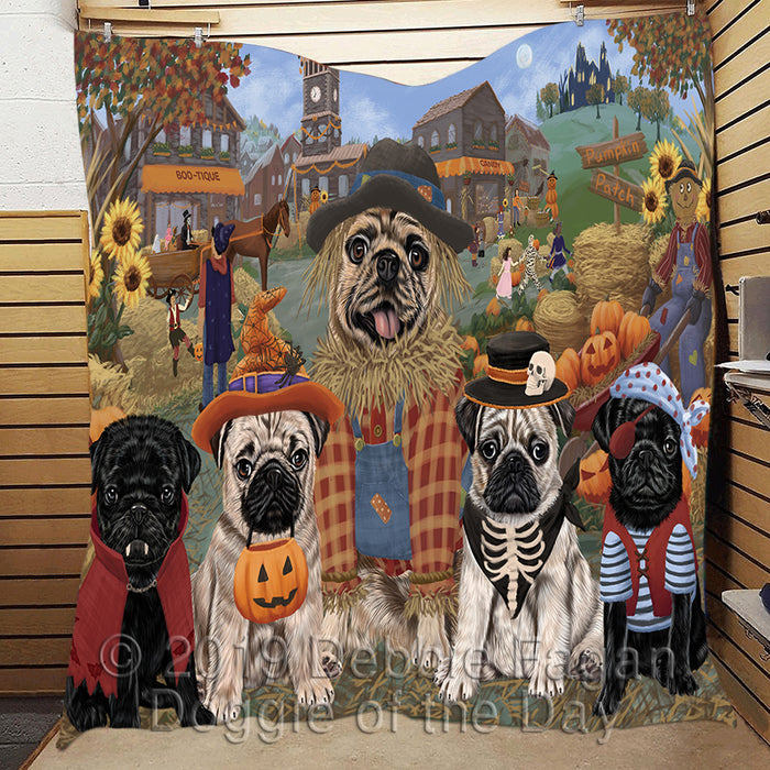 Halloween 'Round Town and Fall Pumpkin Scarecrow Both Pug Dogs Quilt