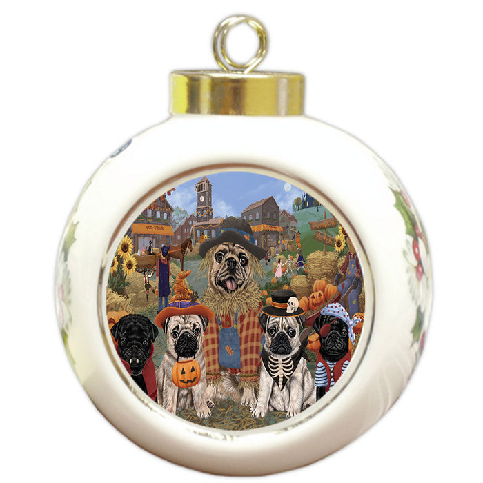 Halloween 'Round Town And Fall Pumpkin Scarecrow Both Pug Dogs Round Ball Christmas Ornament RBPOR57596
